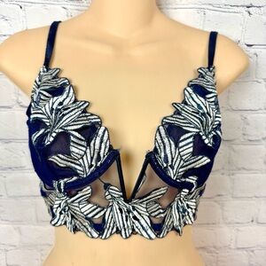 Fleur du Mal Lily 34C Embroidered Longline Demi Bra Navy/White